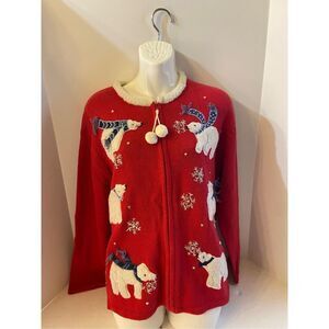Heirloom Sweater 2004 Christmas red white 3D bears NEW rn#83437‎ zipper